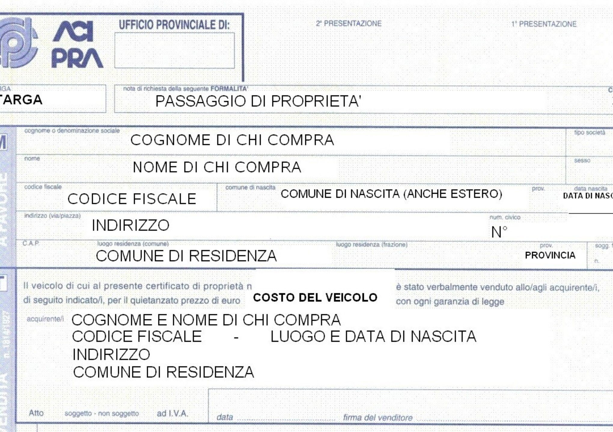 Costo Passaggio Di Propriet Auto Calcolo Costo Di Trapasso Incluse