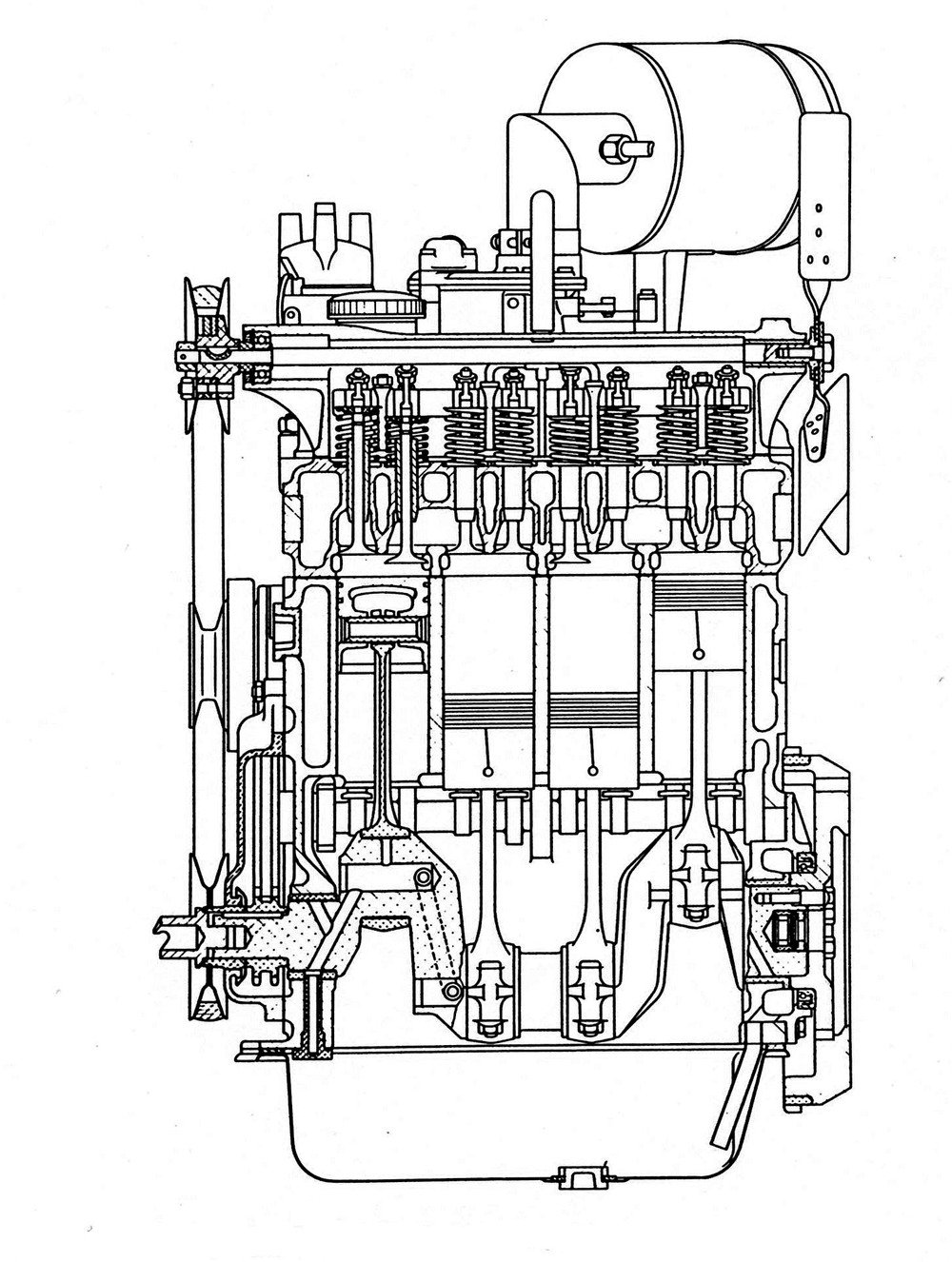 Sezione longitudinale della versione con distribuzione ad aste e bilancieri del motore della famosa Fiat 500 &ldquo;Topolino&rdquo;. Come si pu&ograve; chiaramente osservare, l&rsquo;albero &egrave; supportato da due soli cuscinetti di banco