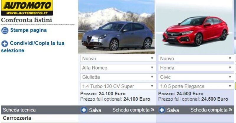 i numeri delle due auto affiancati sullo strumento di confronto Automoto.it