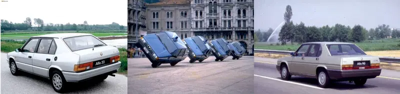 La produzione Alfa anni '80: 33, 75, 90 : tutte auto impagabili alla guida e dall'architettura che ancora ci manca. Ma dalla linea infelice, scriviamolo a malincuore. Specialmente Alfa 90, disegnata dopo 164, ma commercializzata prima. Stilisticamente 164 fu una botta di vita incredibile per Alfa: perse vent'anni in un colpo, altro che lifting! Peccato che poi arriv&ograve; 155, debole e, come Delta II, pietra di scandalo e abominio per i clienti e la dignit&agrave; dei marchi Alfa e Lancia. Quest'ultima non si riprese pi&ugrave;