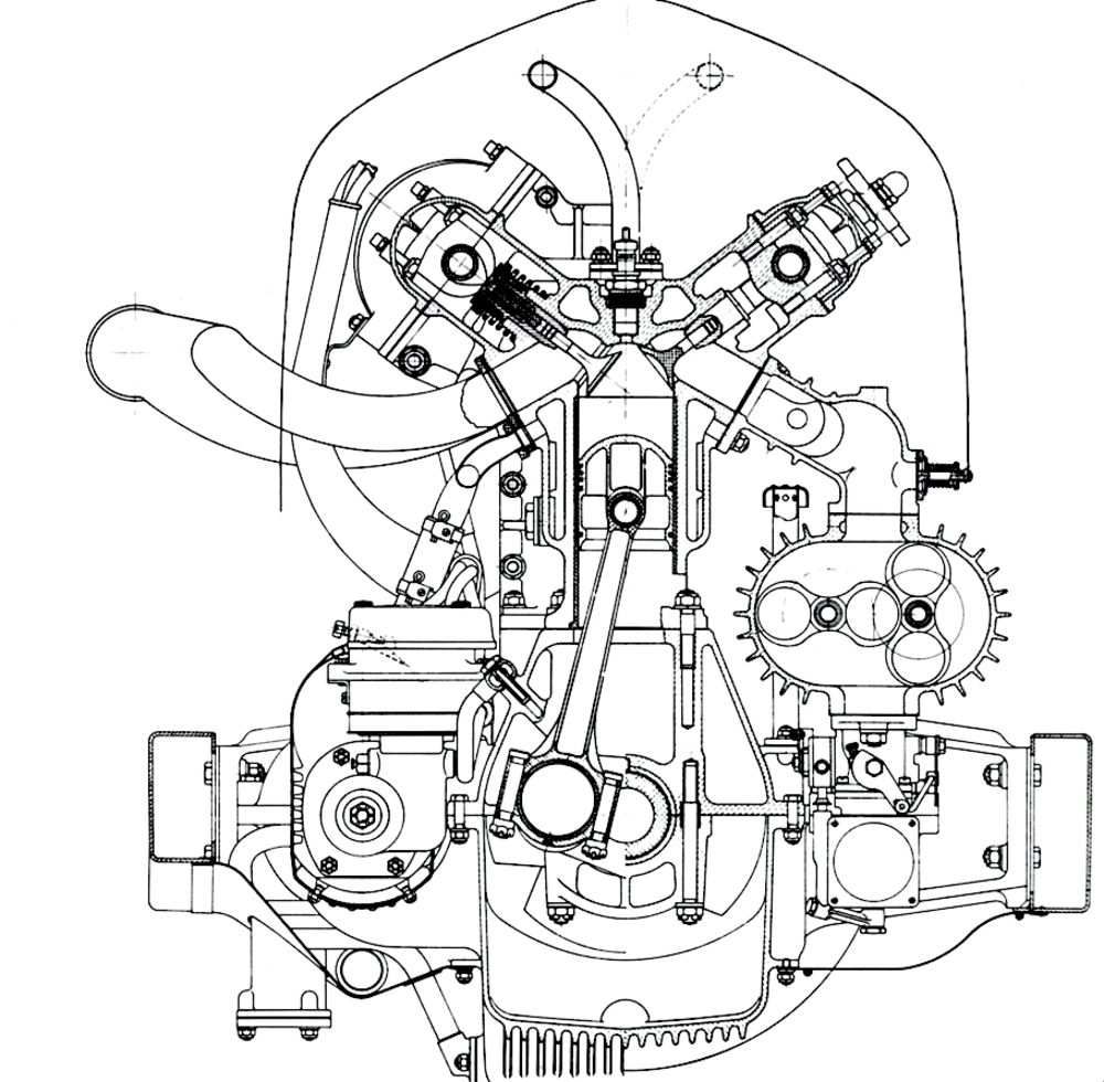 Sezione del motore a otto cilindri in linea della Alfa Romeo P3 del 1932. All&rsquo;epoca tutte le auto da GP erano sovralimentate e qui si vede chiaramente la disposizione di uno dei due compressori volumetrici Roots