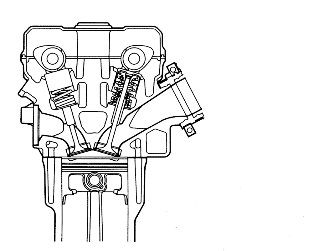 Sezione del gruppo testa/cilindro di un moderno motore aspirato di altissime prestazioni. L&rsquo;angolo tra i due piani sui quali giacciono le quattro valvole &egrave; molto ridotto e la camera &egrave; decisamente compatta