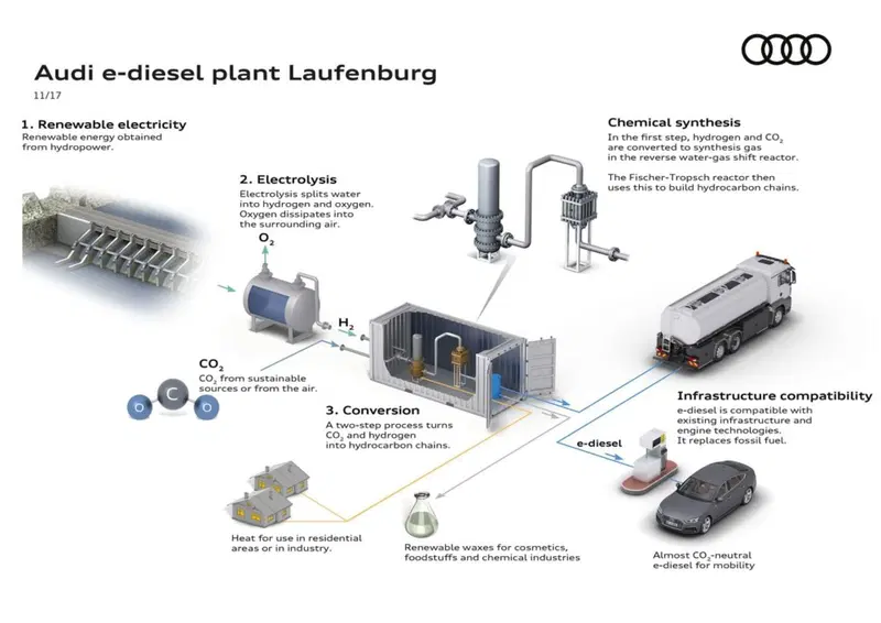 Una visione dell'impianto Svizzero per e-diesel con le sue fonti e i suoi prodotti