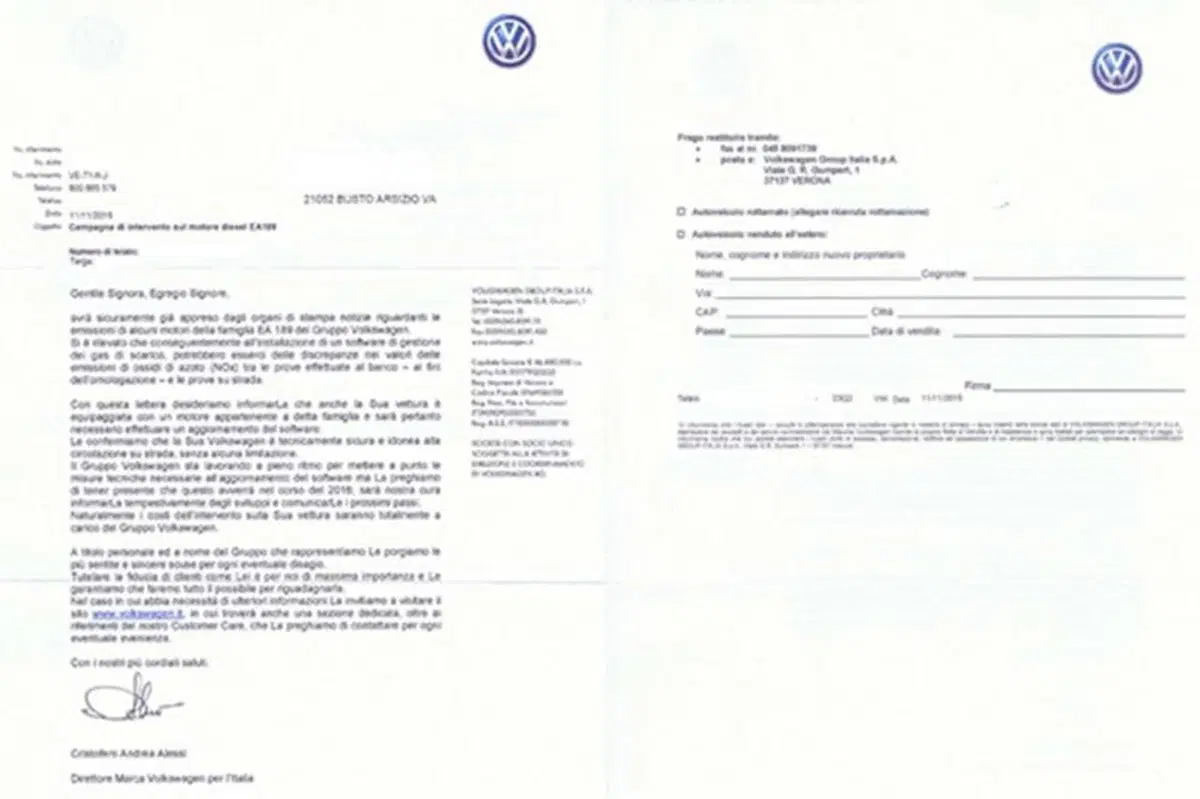 Scandalo VW TDI EA 189, ecco cosa dice la prima lettera di richiamo (4)