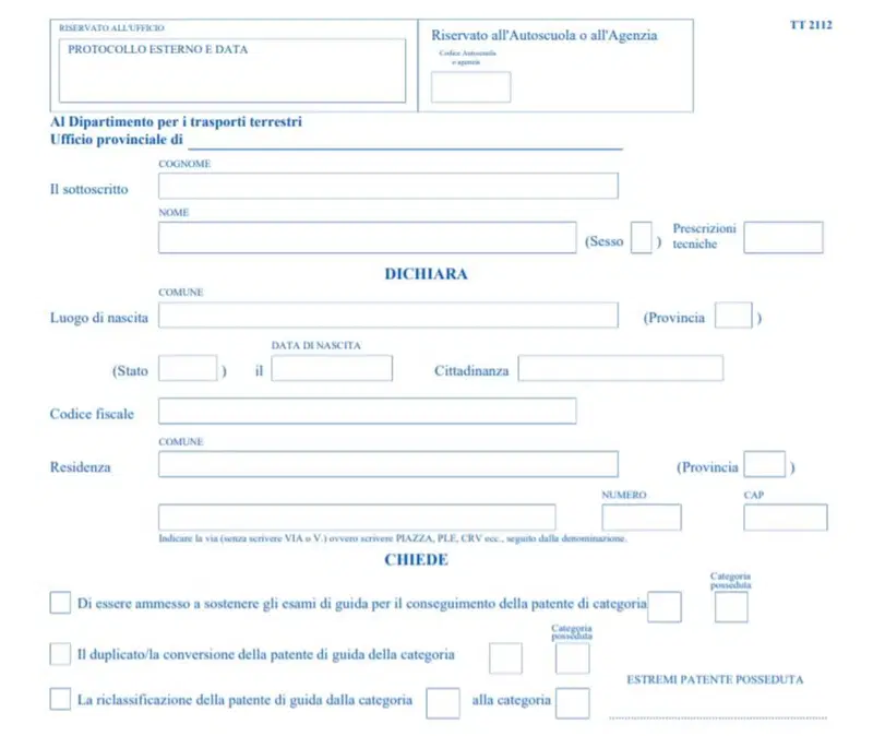 Il modulo T2112 per richiedere il duplicato della patente di guida se smarrita, rubata o distrutta