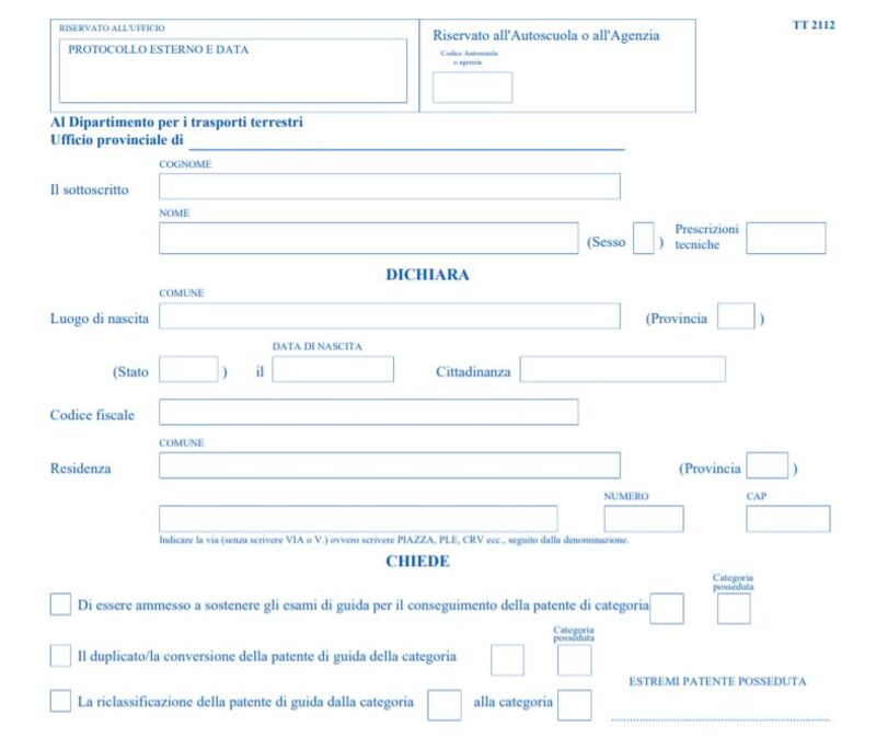 Il modulo T2112 per richiedere il duplicato della patente di guida se smarrita, rubata o distrutta