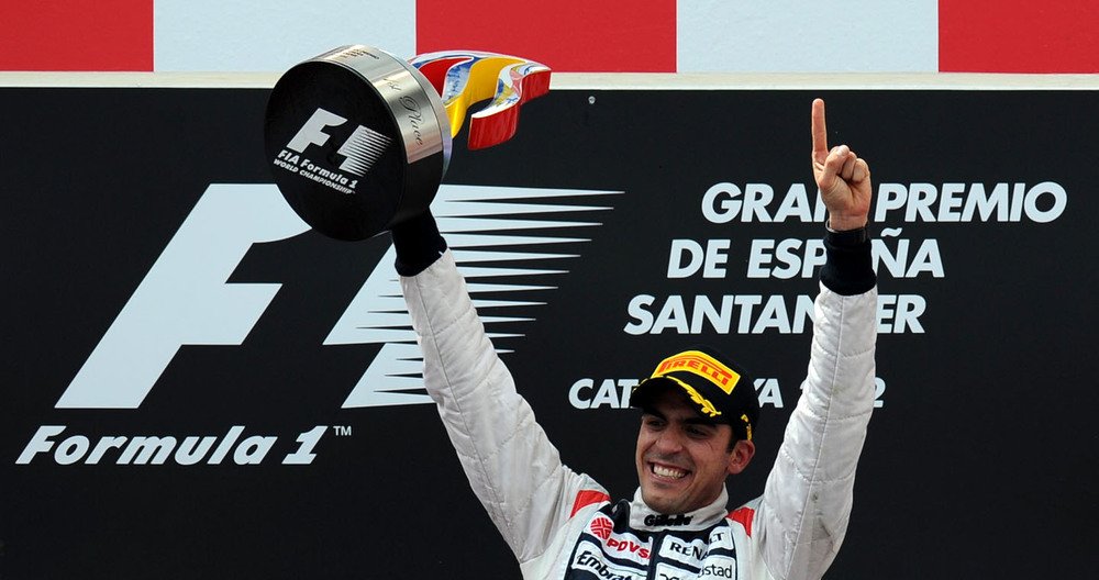 Maldonado sul podio del Gran Premio di Spagna 2012. Quella a Barcellona &egrave; la sua unica vittoria in carriera e l&#039;ultima della Williams