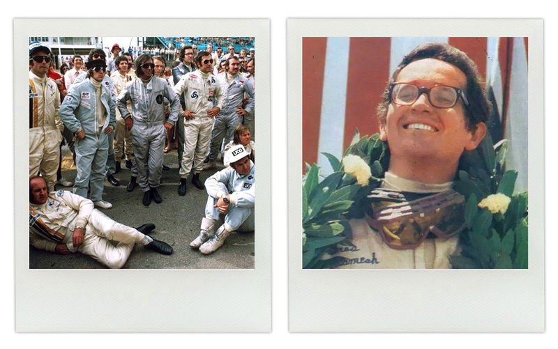 Nella foto di sinistra, da sinistra a destra, in piedi durante il briefing del GP del Sudafrica del 1973: Peter Revson (McLaren), Jackie Stewart e Fran&ccedil;ois Cevert (Tyrrell), Jody Scheckter (McLaren), Emerson Fittipaldi (Lotus), Niki Lauda (BRM), Andrea de Adamich e Jos&eacute; Carlos Pace (Surtees), Clay Regazzoni e Jean-Pierre Beltoise (BRM). A terra, da sinistra a destra: Denny Hulme (McLaren), George Follmer (Shadow) e Ronnie Peterson (Lotus). Nella foto di destra, Andrea &egrave; il vincitore della Temporada del 1968, su Dino 166