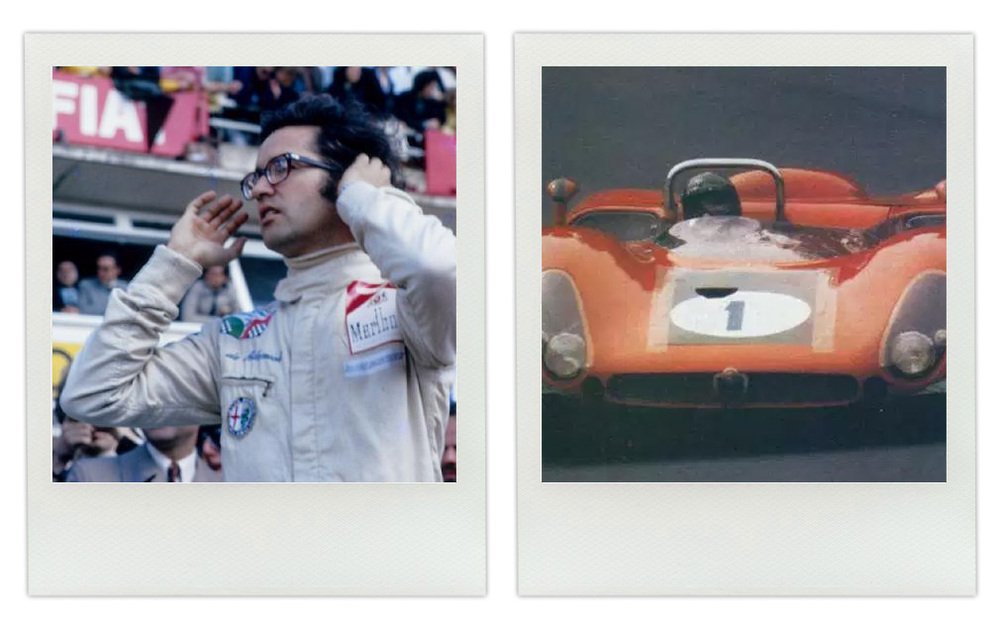 A sinistra Andrea de Adamich, prima della partenza della 24 ore di Le Mans del 1972, che concluder&agrave; quarto assoluto, a bordo di una Alfa Romeo 33-3 del team Autodelta, in compagnia di Nino Vaccarella (foto: Robert B. Little). Nella foto di destra, a Imola, nel 1969, su Alfa 33-3