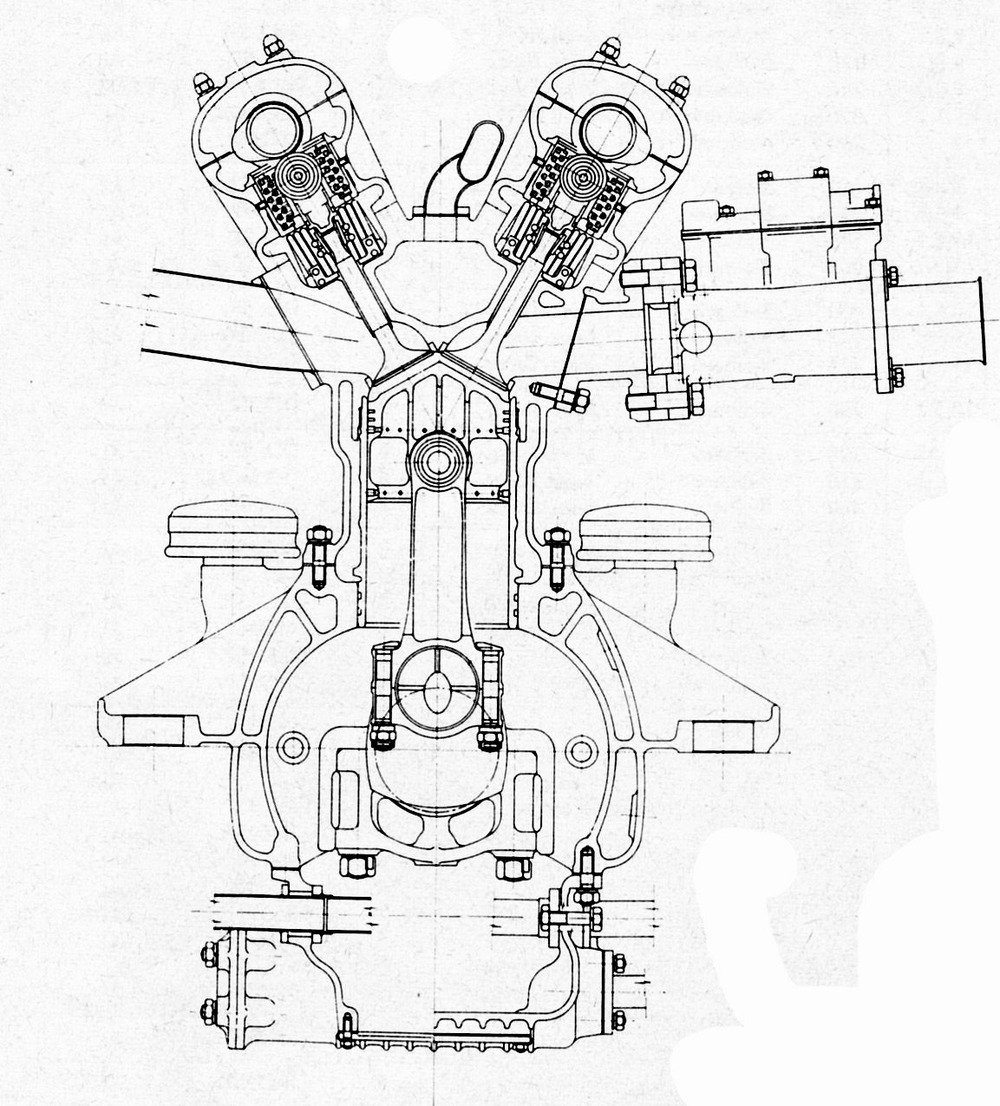 Sezione trasversale del motore Ferrari a quattro cilindri che ha vinto il mondiale nel 1952 e 53 con Ascari. Si osservano chiaramente la distribuzione bialbero con punterie a rullo. Le canne sono avvitate alla testa, che &egrave; integrale con la bancata dei cilindri. (Immagine tratta da rivista ATA)