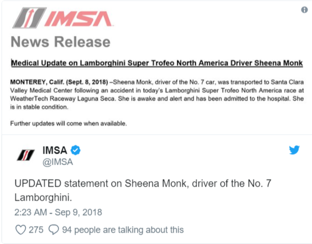 Il tweet della IMSA