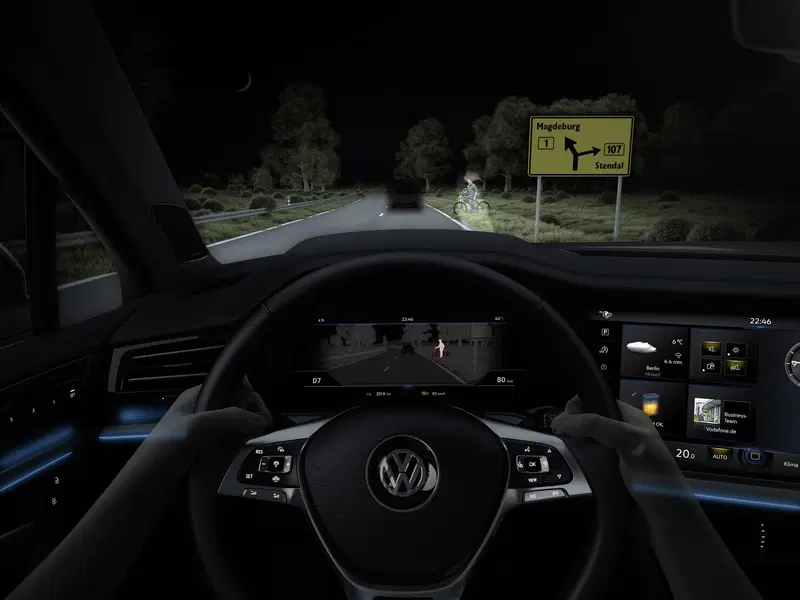 Campo visivo largo e modulabile, con copertura o evidenza per auto, pedoni e segnali