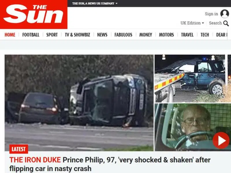 Le foto dell'incidente del Principe Filippo sul sito del Sun (fonte: Ansa)
