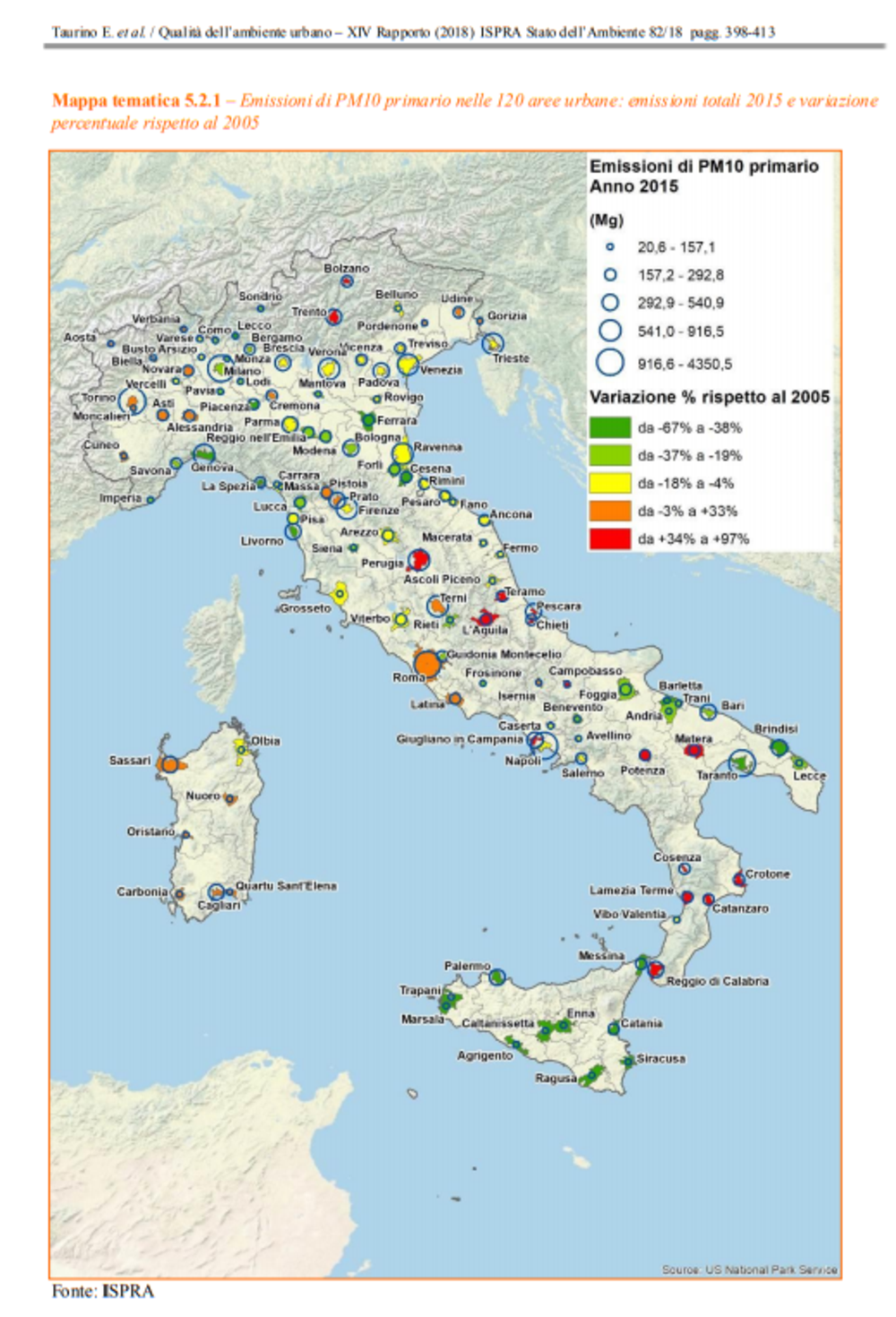 La mappa dell&#039;andamento delle emissioni di PM10 nel periodo 2005-2015