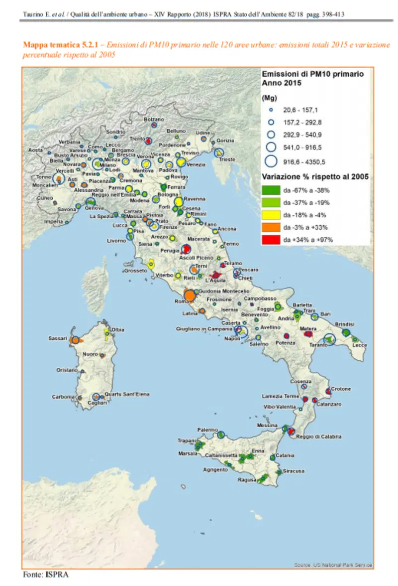 La mappa dell'andamento delle emissioni di PM10 nel periodo 2005-2015