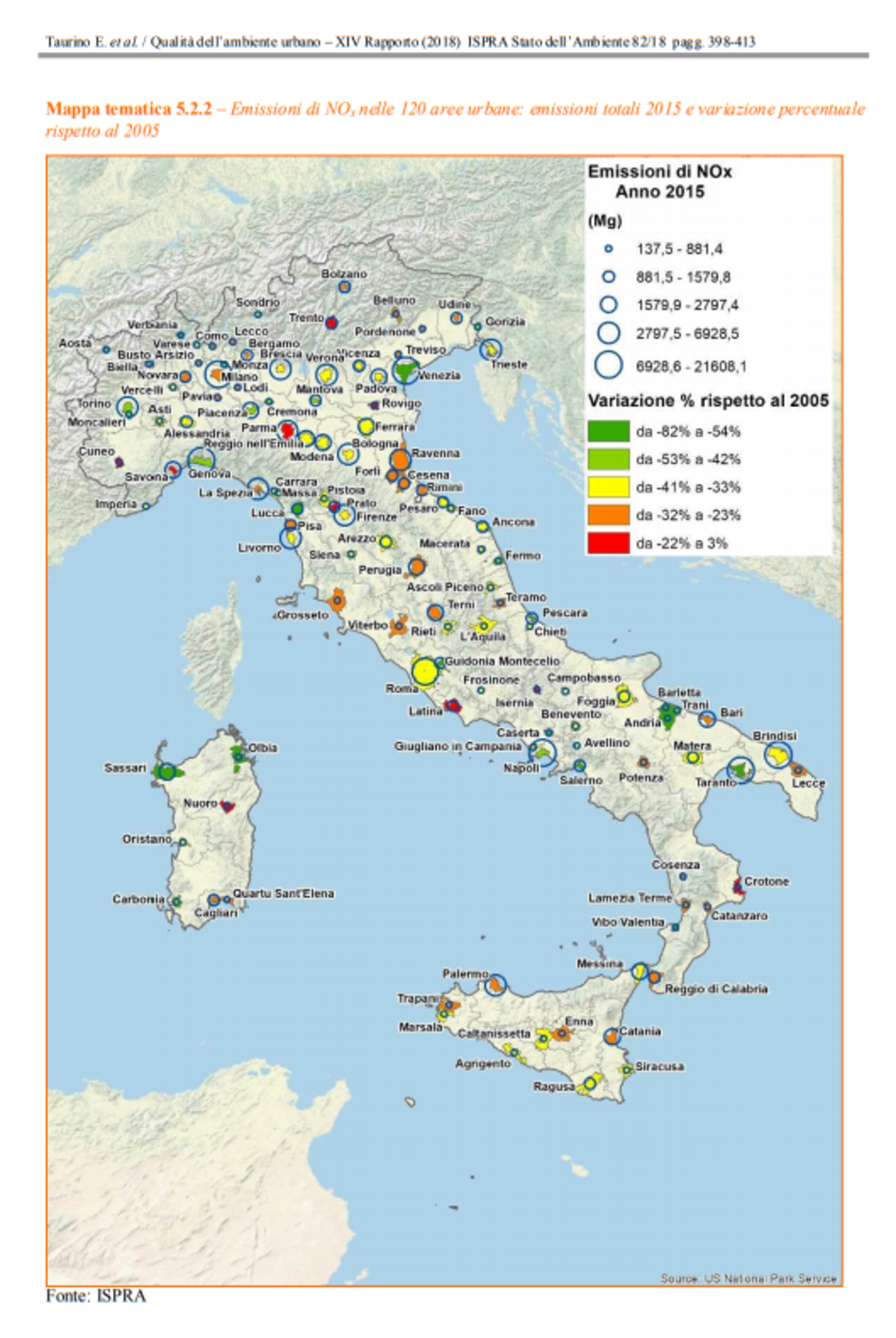 La mappa dell&#039;andamento delle emissioni degli NOx nel periodo 2005-2015