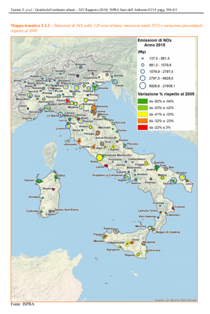 La mappa dell&#039;andamento delle emissioni degli NOx nel periodo 2005-2015