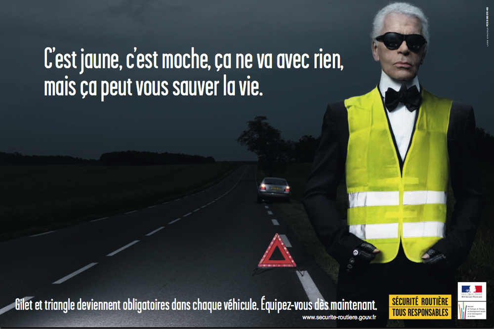 2008: Karl Lagerfeld testimonial di una campagna francese sulla sicurezza stradale