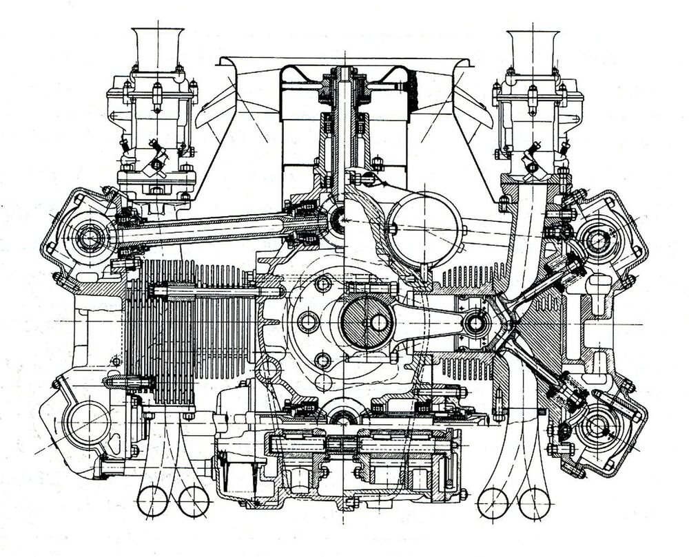 Sezione trasversale del motore Porsche 1500 a otto cilindri di F1 del 1962. Contraddistinto dalla sigla 753, &egrave; stato il primo a impiegare bielle in lega di titanio