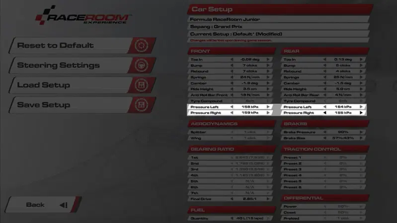 Ecco come si presenta attualmente il menu dedicato alle pressioni gomme