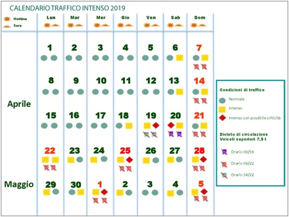 Il calendario del traffico da Pasqua al 5 maggio 2019