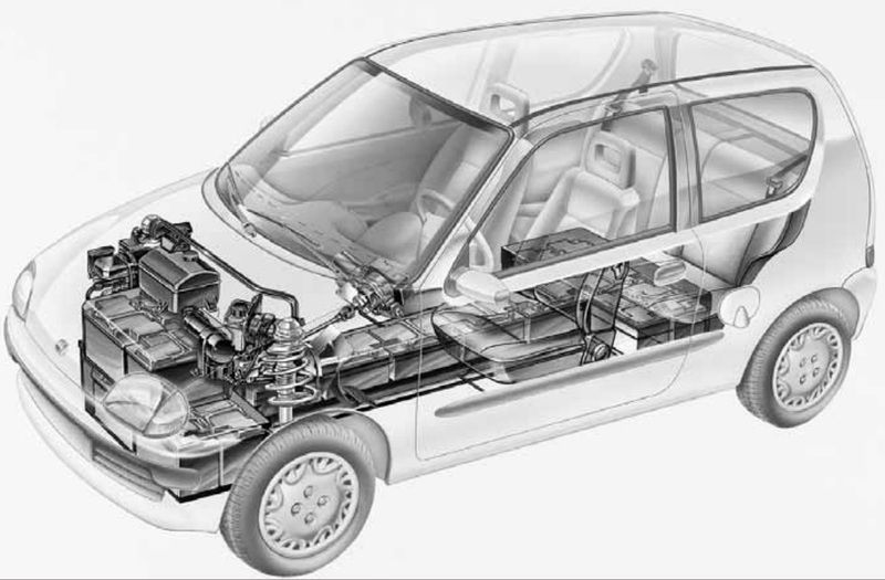 La Seicento Elettra in trasparenza. Le batterie trovano posto anche nel tunnel, in modo da avere quattro posti rispetto ai cinque per i quali era omologata la Seicento standard