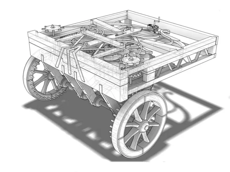 Uno schema del "carro semovente" ideato da Leonardo. Per molti studiosi &egrave; il progenitore, almeno nel concetto, dell'automobile