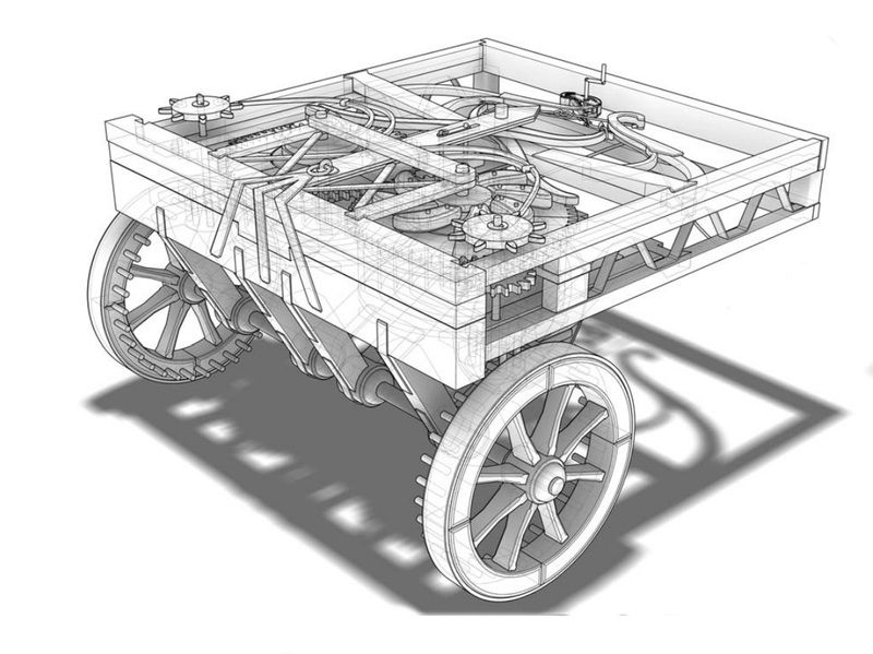 Uno schema del &quot;carro semovente&quot; ideato da Leonardo. Per molti studiosi &egrave; il progenitore, almeno nel concetto, dell&#039;automobile