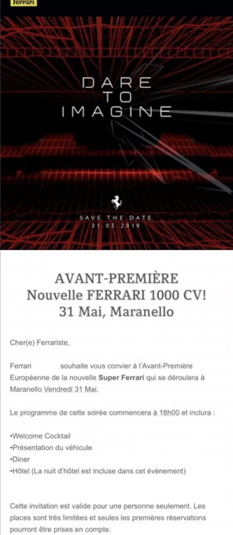 L'invito che contiene la menzione ai cavalli della nuova supercar di Maranello