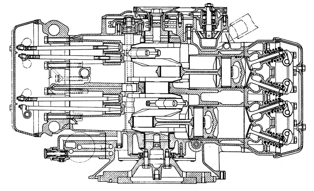 2-	Sezione del motore della Lancia Flavia, prodotta dal 1960 al 1971. Le valvole giacciono sullo stesso piano che contiene l&rsquo;asse dell&rsquo;albero a gomiti. In altre parole, sono disposte longitudinalmente e non trasversalmente, come vuole la soluzione usuale