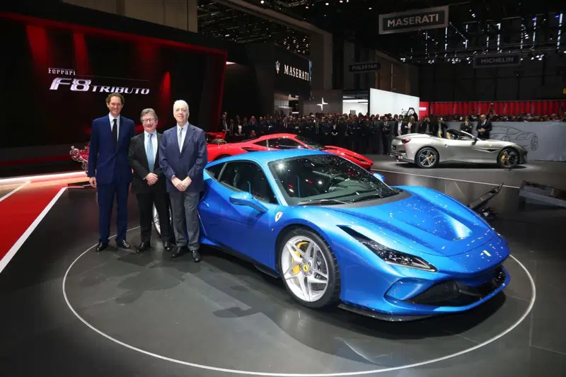 Elkann, Camilleri e Ferrari presentano al Salone di Ginevra la Ferrari F8 Tributo. E' la prima edizione alla quale manca Marchionne, che in Svizzera aveva la sua residenza