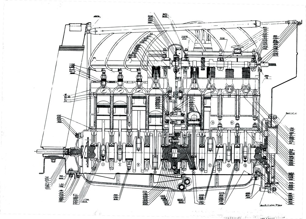 Sezione longitudinale di un motore Horch a otto cilindri in linea del 1927. Veniva impiegata una distribuzione bialbero, con comando ad alberello e coppie coniche. La cilindrata era di 3,4 litri e la potenza di 65 CV a 3400 giri/min. L&rsquo;albero a gomiti poggiava su cinque supporti di banco