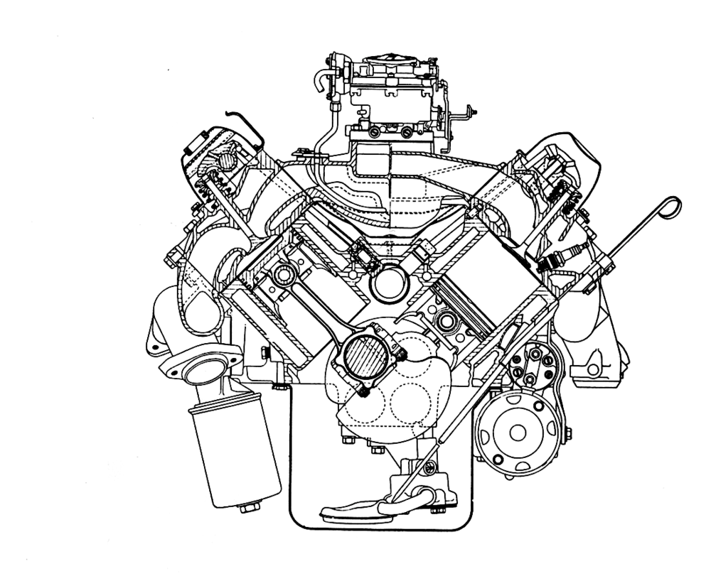 Questo V8 Oldsmobile, mostrato in sezione trasversale, &egrave; un ottimo rappresentante della classica scuola USA. La distribuzione &egrave; ad aste e bilancieri con l&rsquo;albero a camme collocato centralmente. Le teste e il basamento sono in ghisa