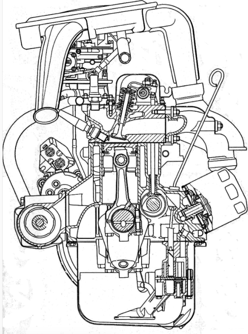 La Fiat ha iniziato a realizzare teste in lega di alluminio nella seconda met&agrave; degli anni Trenta. Nella sezione di uno degli ultimi motori con distribuzione ad aste e bilancieri della casa torinese si pu&ograve; chiaramente apprezzare la grande linearit&agrave; di disegno. Si notino la posizione del carburatore e quella dei condotti di scarico