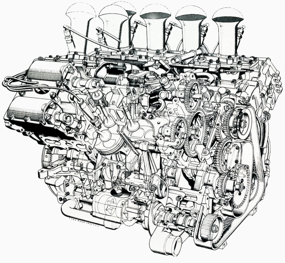 Il motore Cosworth DFV di 3000 cm3 ha segnato un&rsquo;era, imponendosi nel mondiale di Formula Uno ben 12 volte in 15 anni. Nel disegno si possono apprezzare le principali caratteristiche, a cominciare dalla distribuzione bialbero a quattro valvole per cilindro comandata mediante ingranaggi
