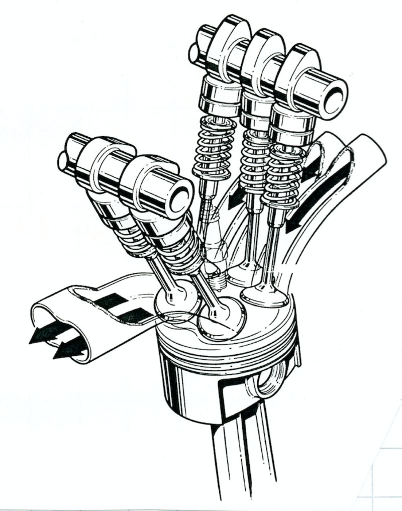 Il disegno mostra la disposizione delle cinque valvole e dei condotti di aspirazione e di scarico in un motore Audi di alcuni anni fa. Nel caso specifico questa soluzione &egrave; stata adottata con l&rsquo;obiettivo di avere un&rsquo;ottima erogazione ai medi regimi e non per ottenere superiori prestazioni di punta