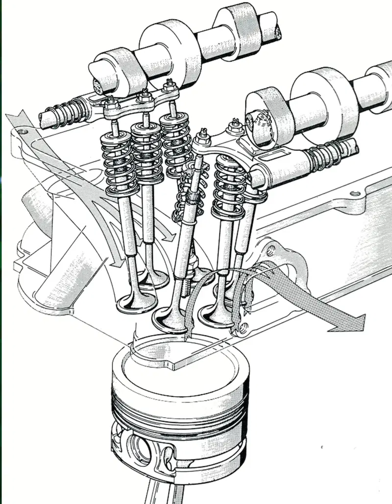Negli anni Ottanta la Maserati ha realizzato una testa a sei valvole, disposte come si pu&ograve; osservare nel disegno. Questa proposta non ha per&ograve; avuto seguito