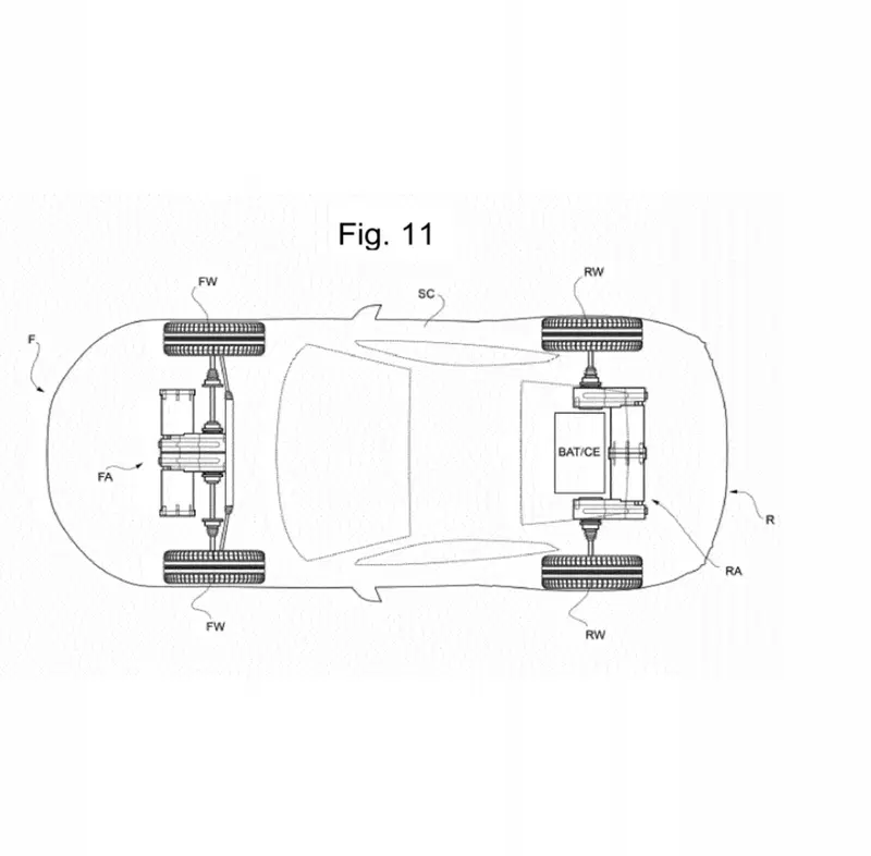 Lo schema della probabile Ferrari elettrica, che per&ograve; potrebbe essere anche ibrida. Nell'area contrassegnata dall&rsquo;indicazione &ldquo;BAT/CE&rdquo; si possono installare le batterie o un motore termico