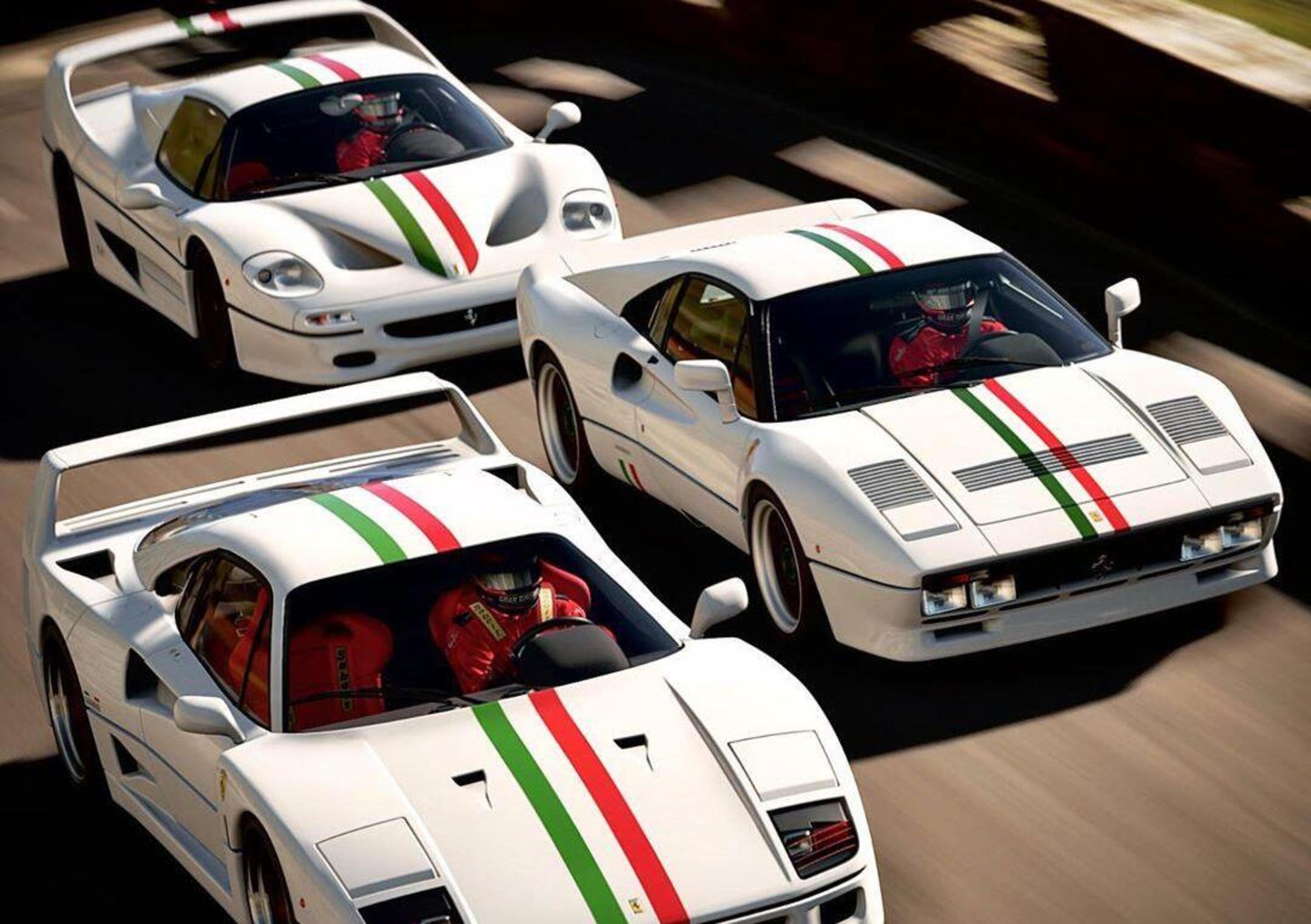 Tre iconiche Ferrari bianche con il tricolore: F40, F50 e 288GTO