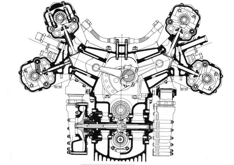 Sezione trasversale del BRM 16 cilindri a V di 135&deg; di 1500 cm3. La distribuzione era bialbero con due valvole per cilindro inclinate di 80&deg;, azionate da bilancieri a dito e richiamate da molle a spillo. La sovralimentazione era assicurata da un compressore centrifugo a doppio stadio azionato meccanicamente. La potenza superiore a 400 cavalli faceva ben sperare ma i risultati sono stati disastrosi