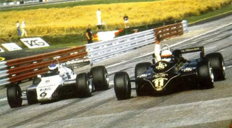 L'arrivo al photofinish di Elio De Angelis nel 1982 in Austria