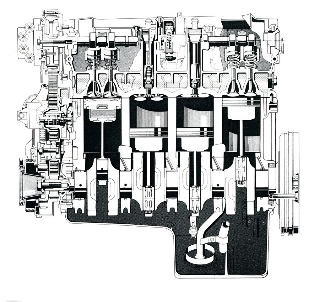 Sezione longitudinale del motore a quattro cilindri in linea di 3000 cm3 delle Porsche 944 S2 e 968. Dotato di due alberi ausiliari di equilibratura, aveva una cilindrata unitaria di 750 cm3