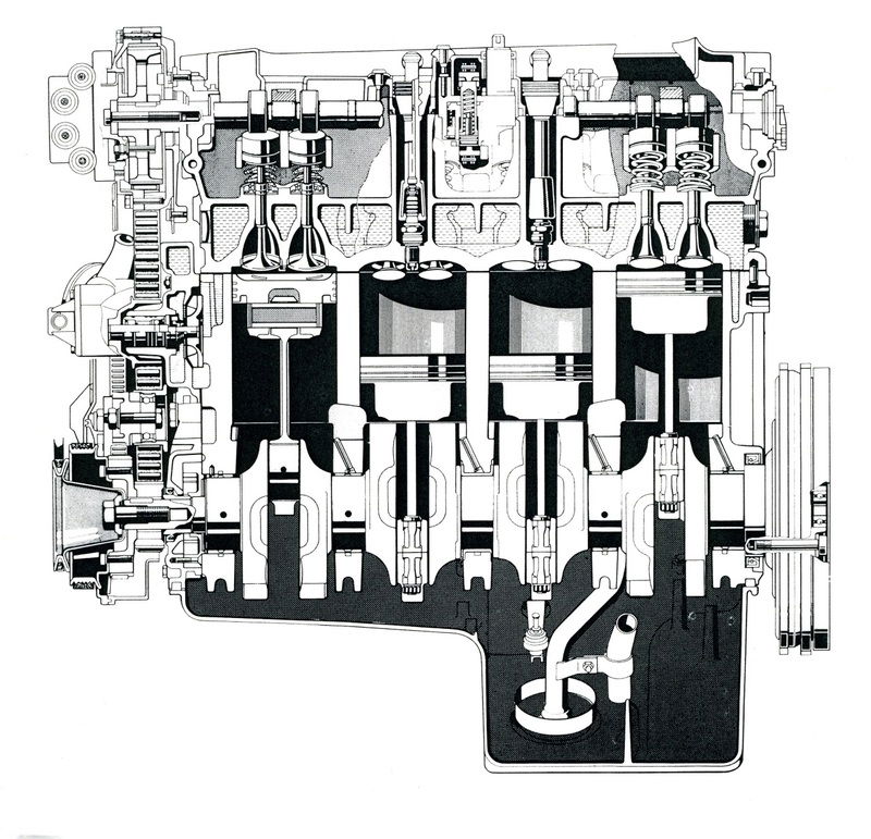 Sezione longitudinale del motore a quattro cilindri in linea di 3000 cm3 delle Porsche 944 S2 e 968. Dotato di due alberi ausiliari di equilibratura, aveva una cilindrata unitaria di 750 cm3