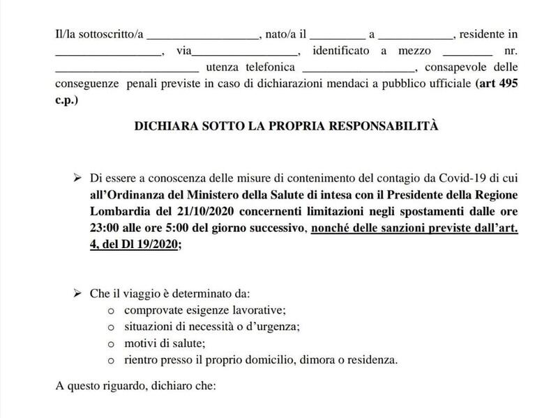 Autocertificazione spostamenti, Novembre 2020: modulo da scaricare e stampare [zona Gialla, Arancio e Rossa]