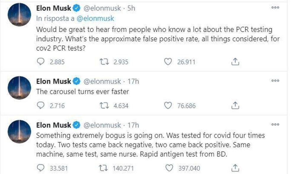 Elon Musk, capo di Tesla e SpaceX, lotta contro la COVID e soprattutto i test rapidi non sempre veritieri