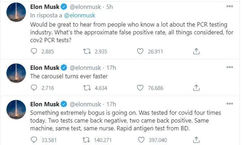 Elon Musk, capo di Tesla e SpaceX, lotta contro la COVID e soprattutto i test rapidi non sempre veritieri