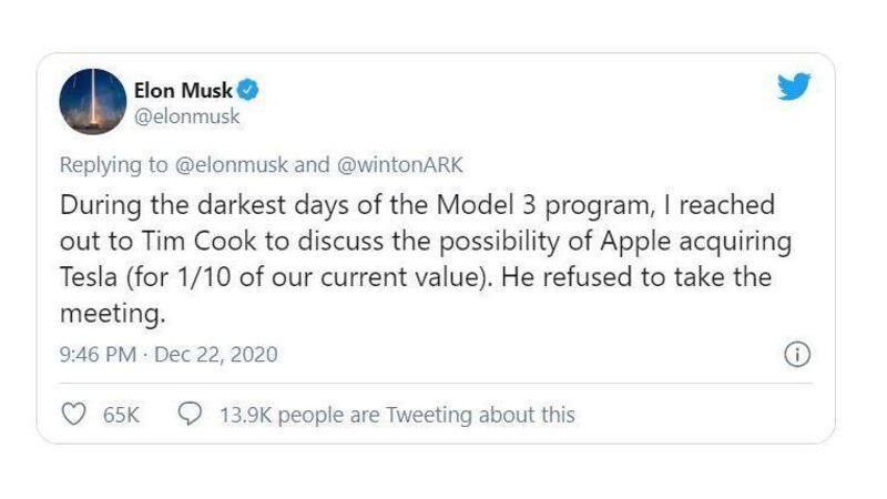 Musk in un tweet: Apple rifiut&ograve; di acquisire Tesla quando valeva un decimo di adesso