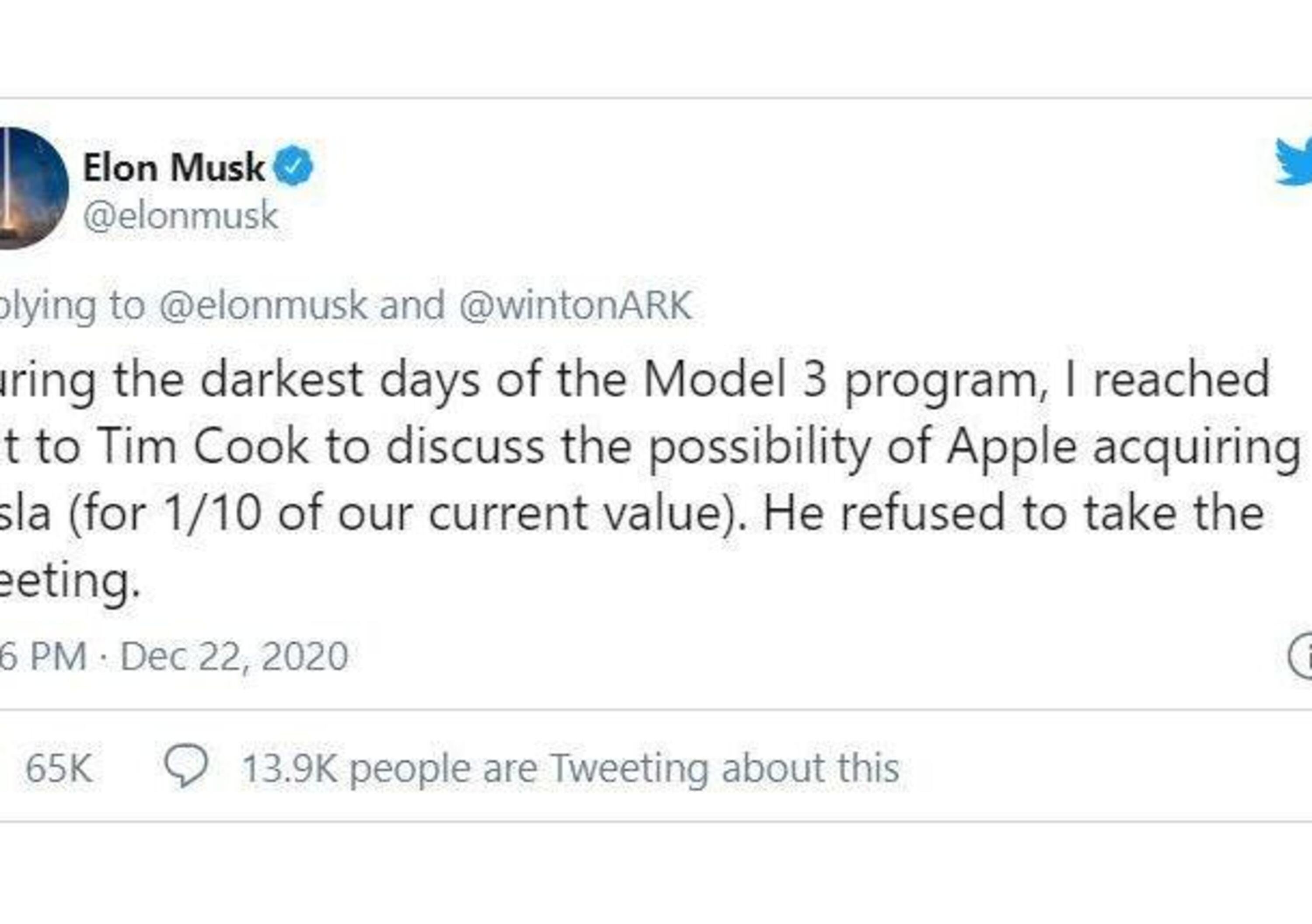 Musk in un tweet: Apple rifiut&ograve; di acquisire Tesla quando valeva un decimo di adesso