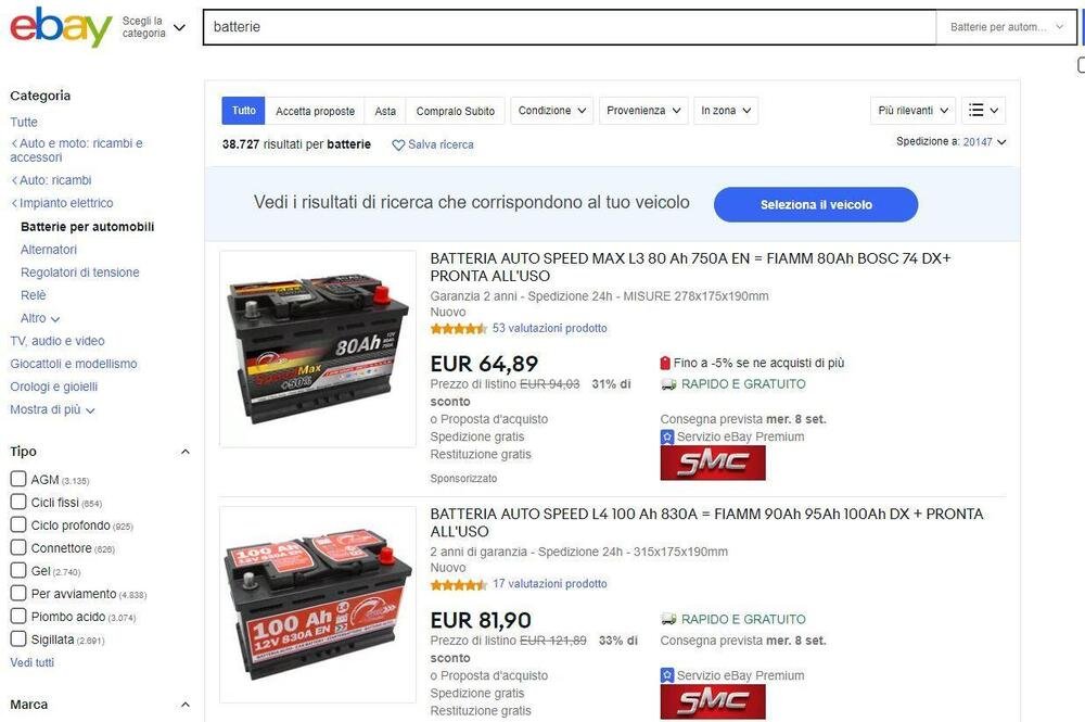 La sezione batterie auto di eBay