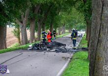 La distruzione totale di una Porsche che esce di strada in un viale alberato